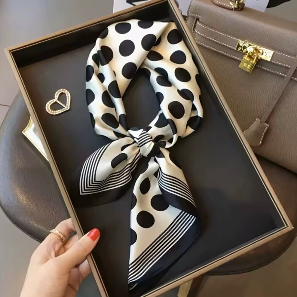 NWT Polkadot Print Square Scarf Silk Satin Black White Neck Hair Accessory - Picture 3 of 8